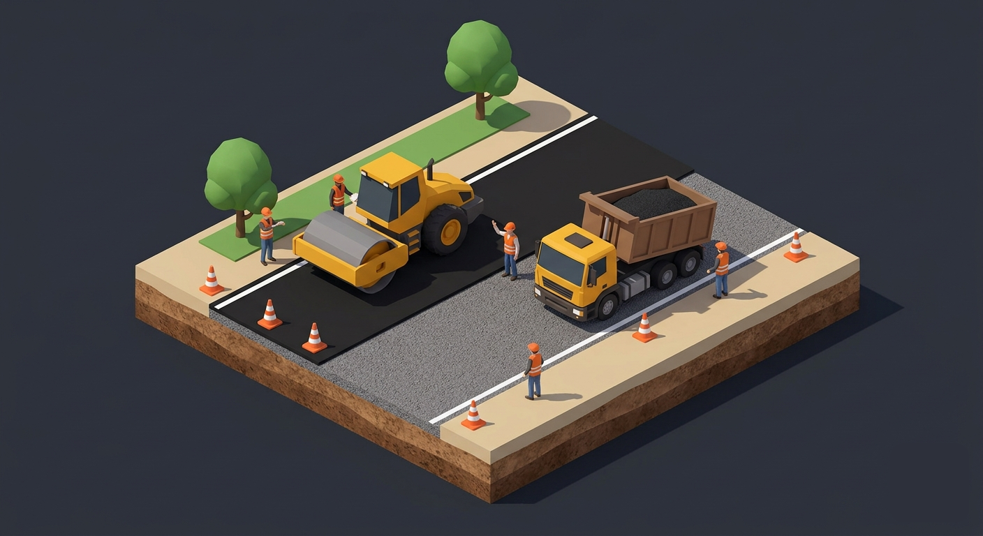 Road paving with roller and dump truck